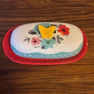 The Pioneer Woman Floral Ceramic Butter Dish with Red and Yellow Accents